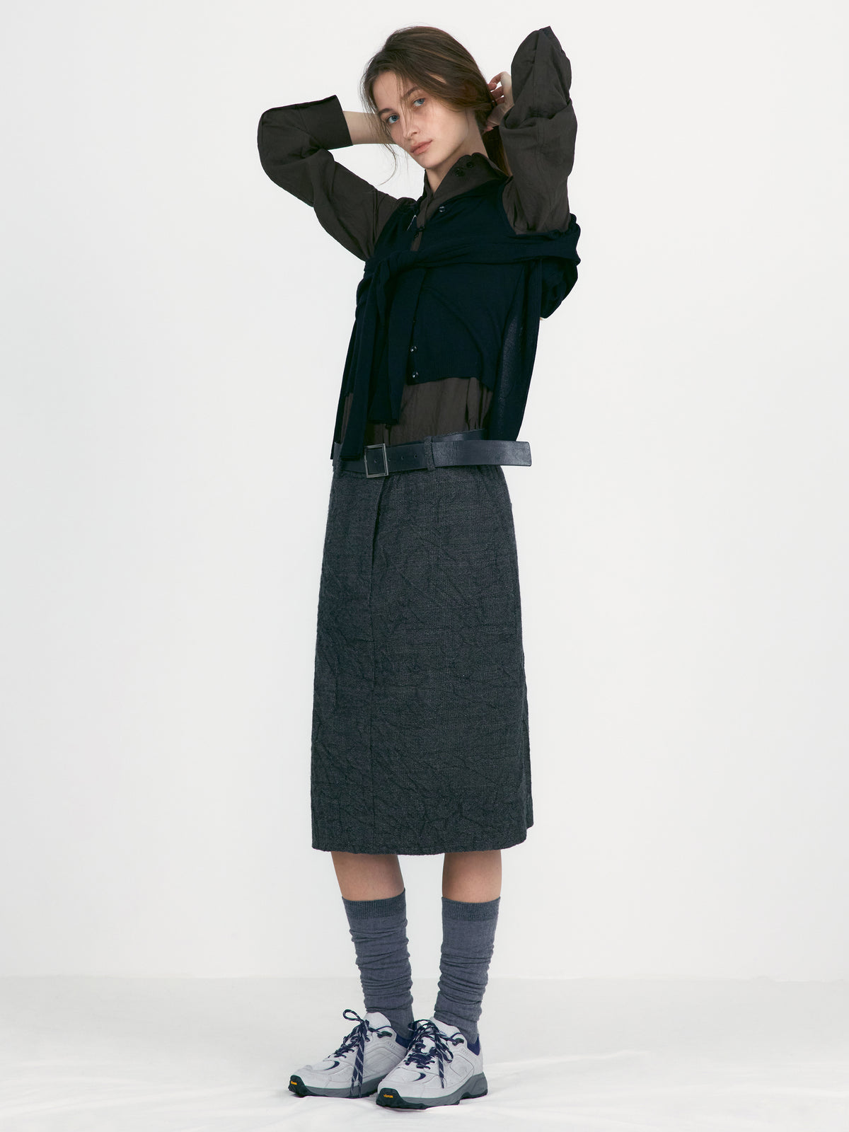 Low Classic Crumpled Wool H-Line Skirts Tweed Check Grey