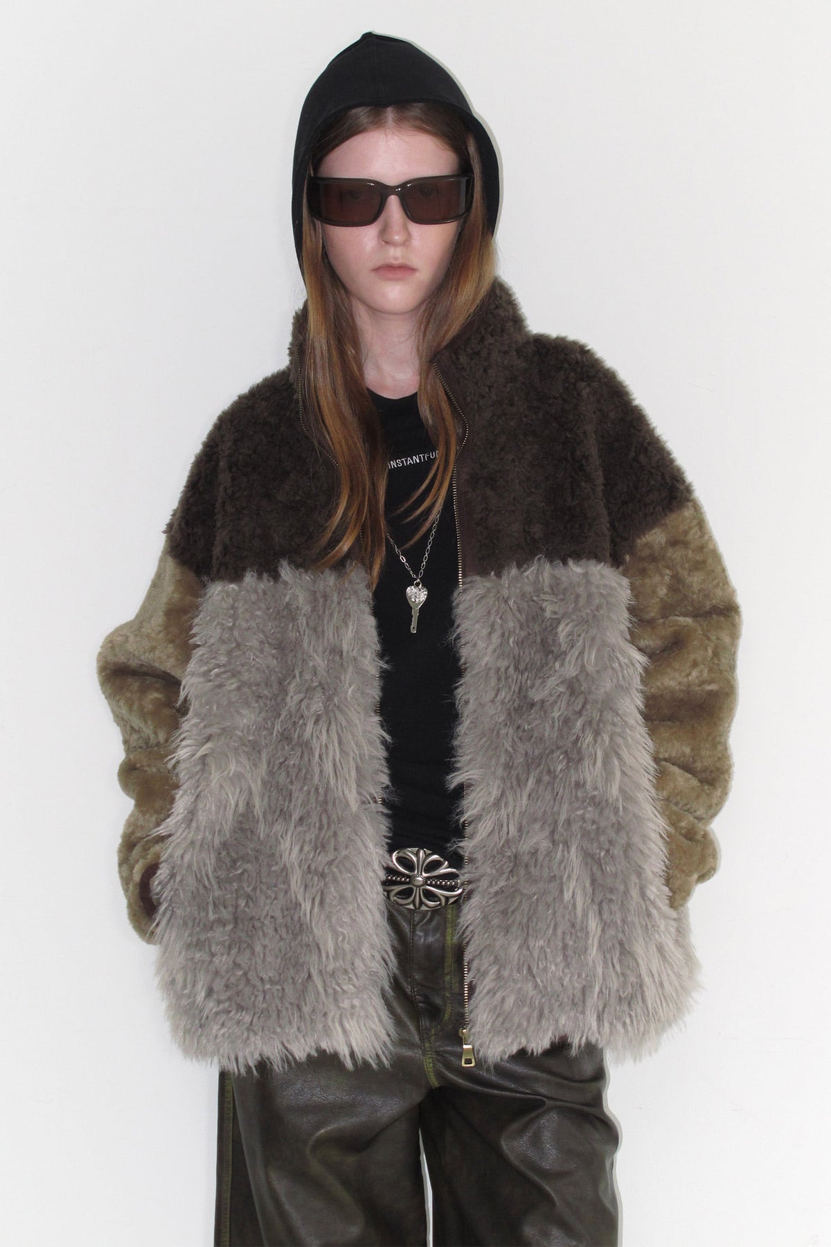 Instantfunk Mixed Fur Fleece Zipup Jacket - Khaki