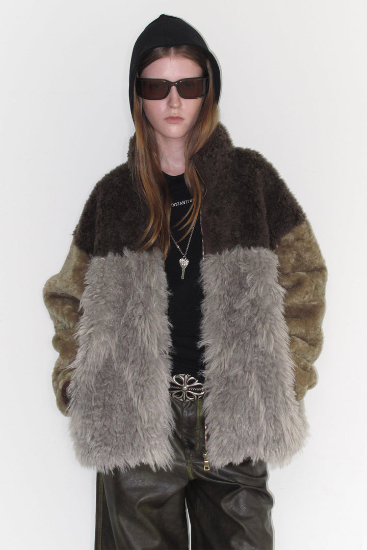 Instantfunk Mixed Fur Fleece Zipup Jacket - Khaki