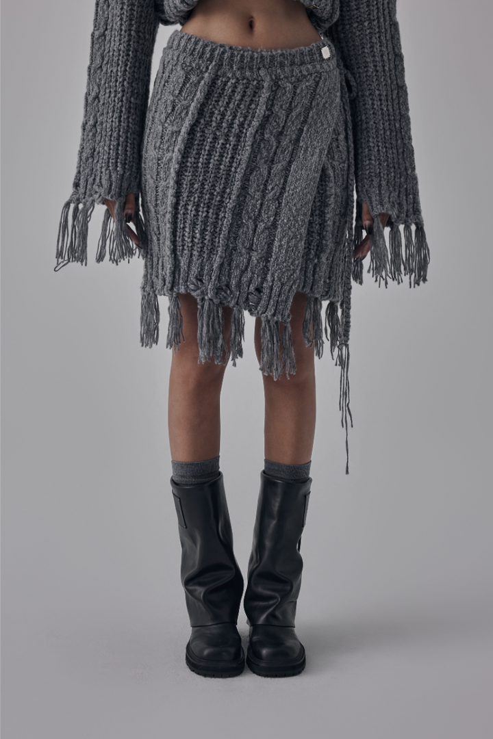 Treemingbird Wool Damage Tassel Knit Set-Up Layered Wrap Gray