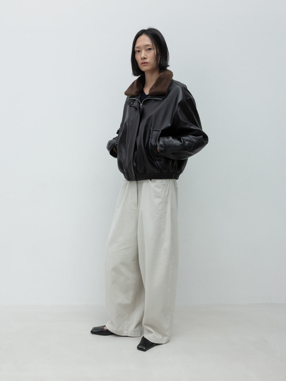 Low Classic Fur Collar Artificial Leather Jacket Black