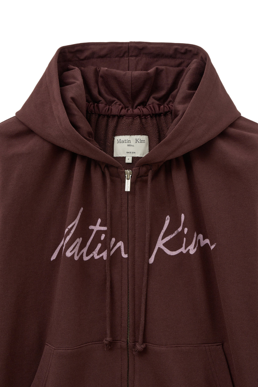 [matinkim] DRAWSTRING POINT ZIP UP HOODY IN BURGUNDY