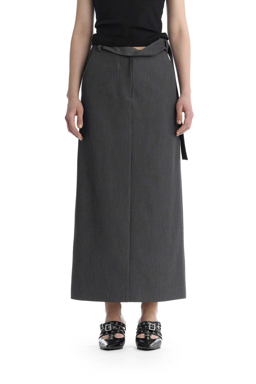 Treemingbird Split Waist Overlap Maxi Skirt Charcoal