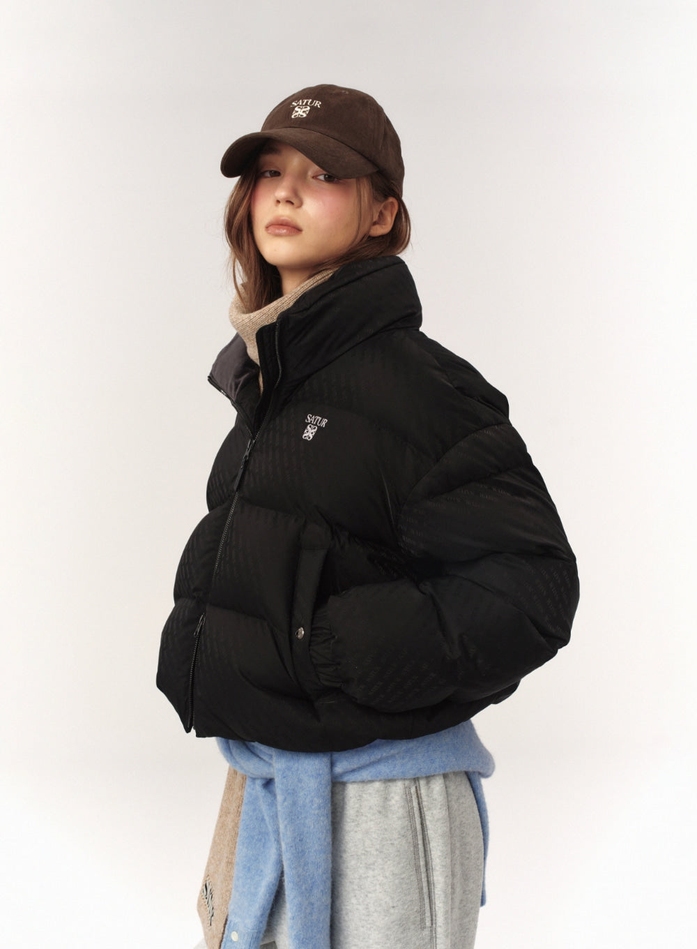 [satur] (W) Loren Jacquard Crop Duck Down Padding - Black