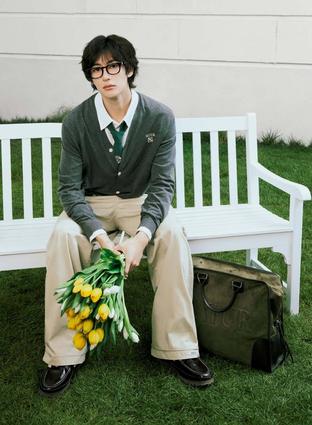 Satur Crest Logo Knit Tie - Green