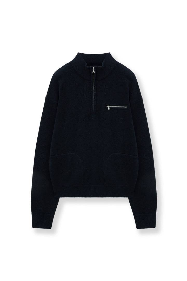 Matinkim Matin Kim Back Logo Half Knit Zip UP Pullover For Women IN Navy