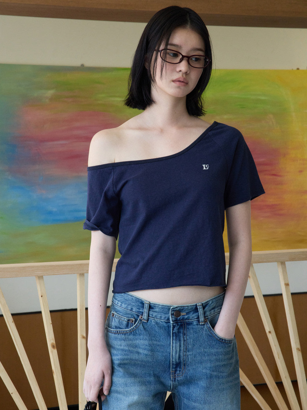 Low Classic Off-Shoulder Raglan Jersey Tee Navy