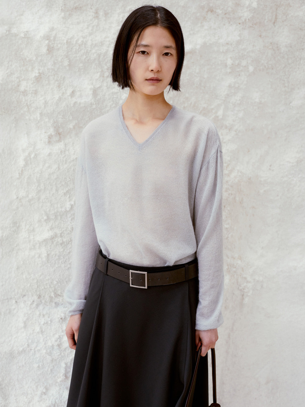 Low Classic See-Through V-Neck Knit Pullover Grey