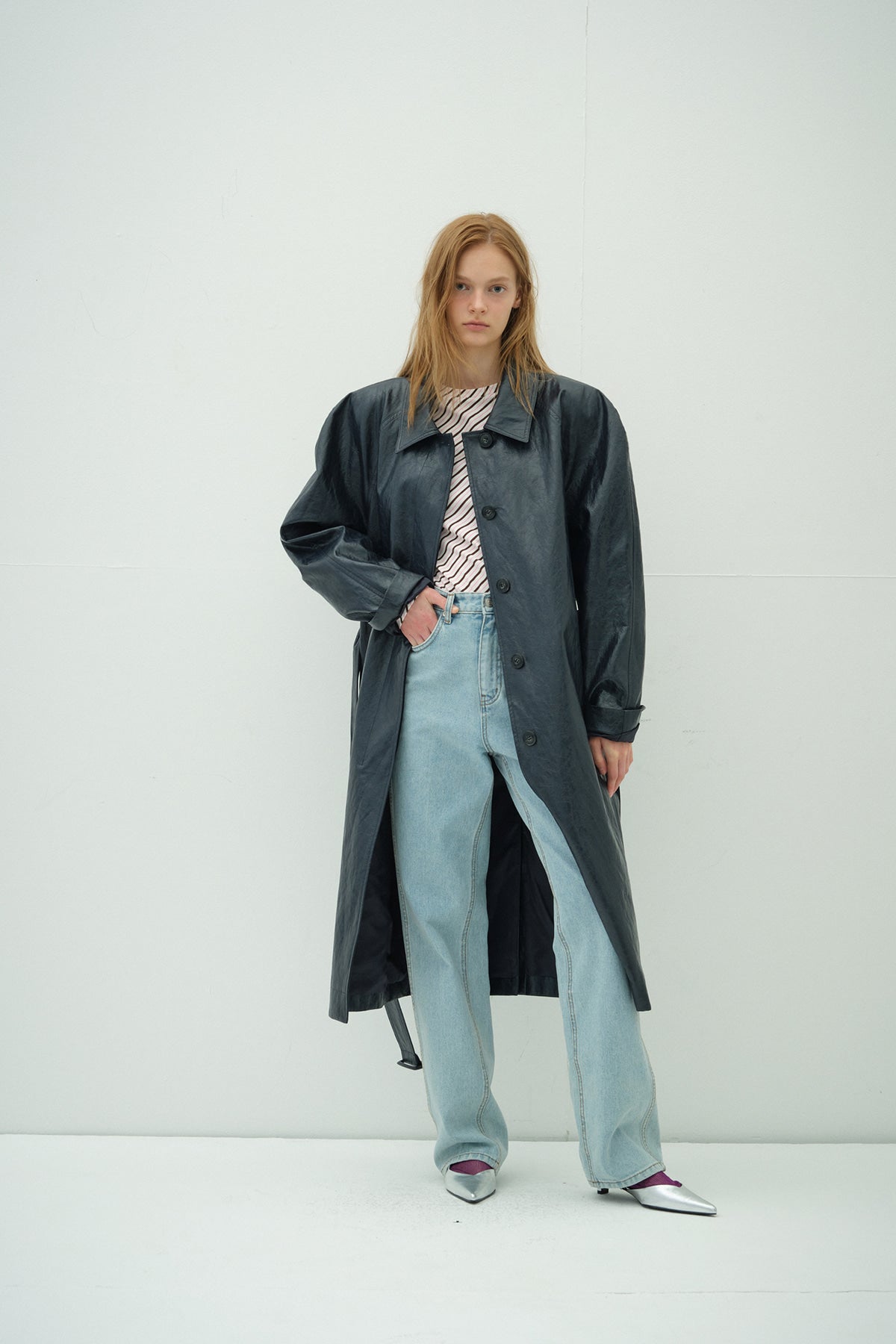 Overdueflair Leather Long Trench Coat Navy