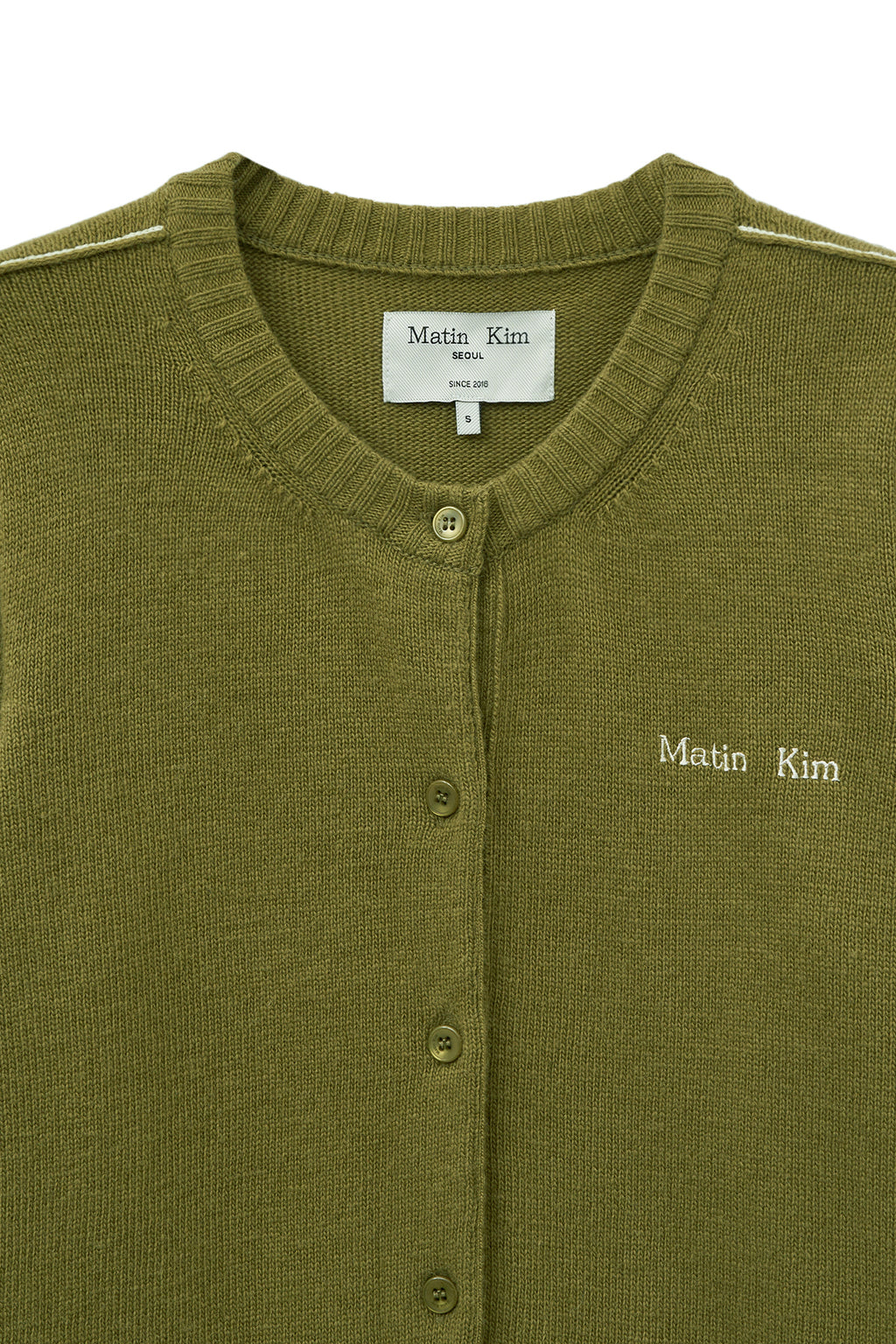 [matinkim] CASHMERE BLENDED ROUND KNIT CARDIGAN IN OLIVE