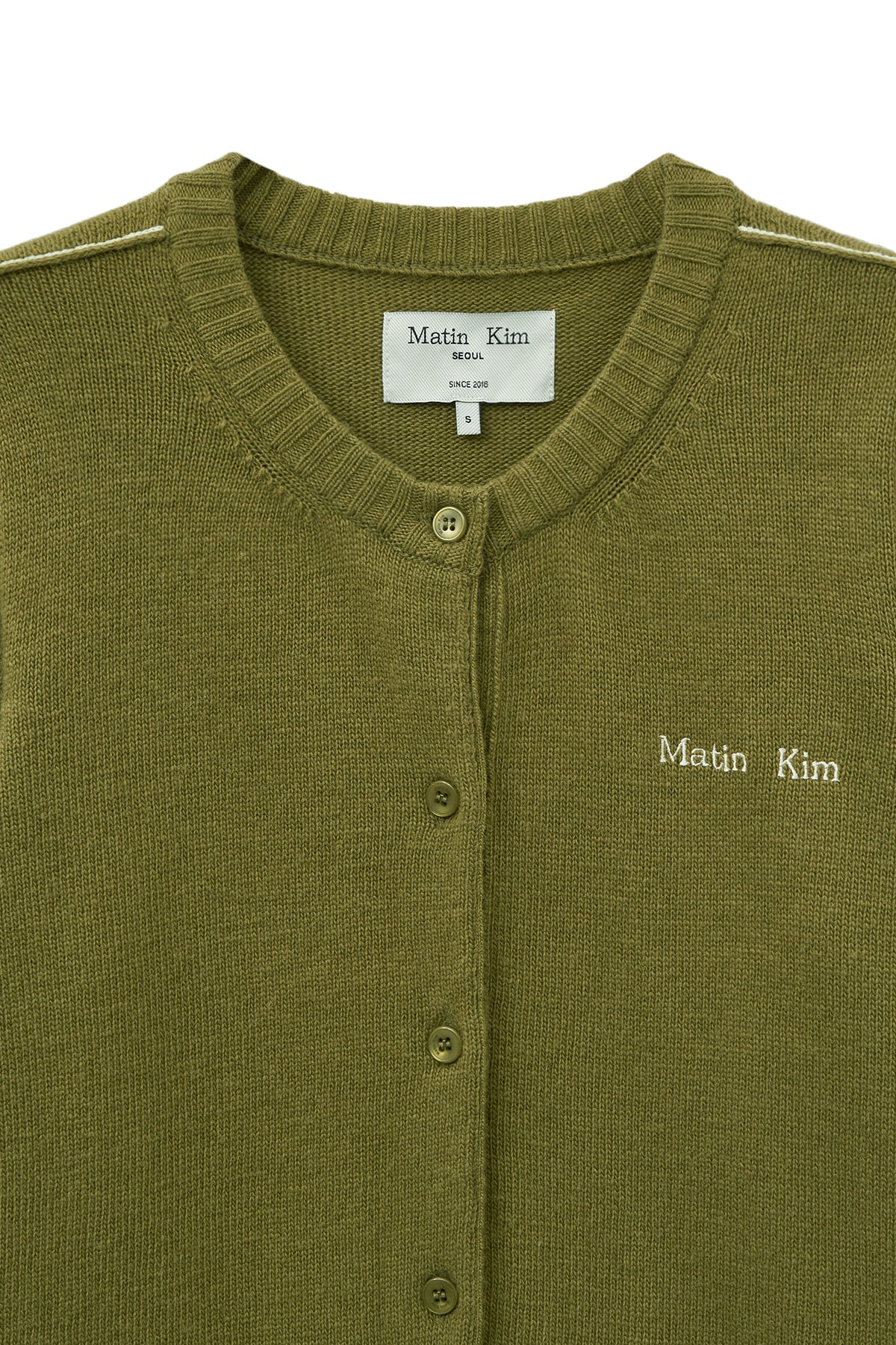 [matinkim] CASHMERE BLENDED ROUND KNIT CARDIGAN IN OLIVE