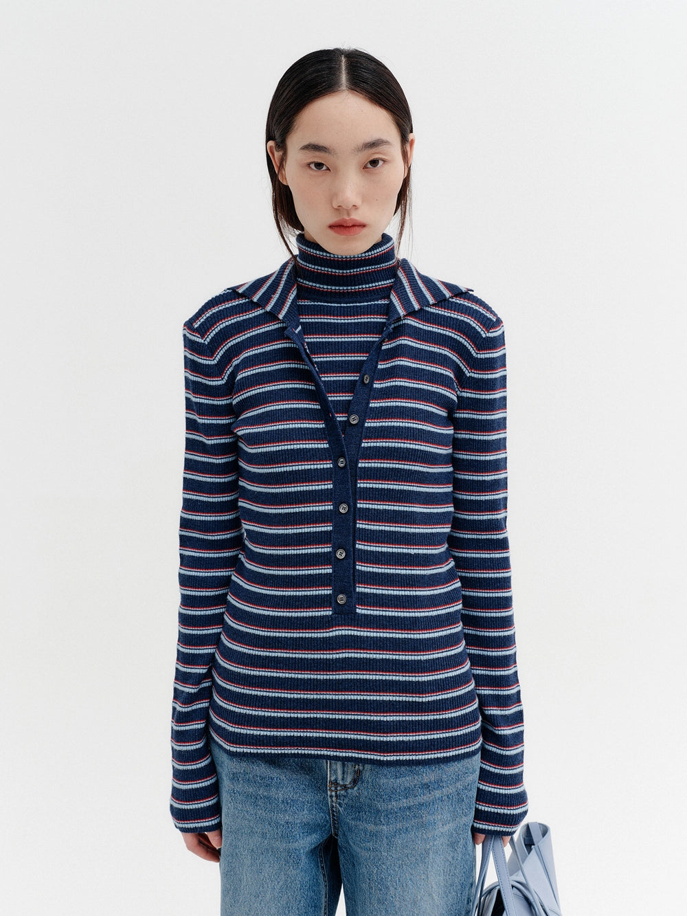 EENK High Neck Layered Knitwear Top - Navy