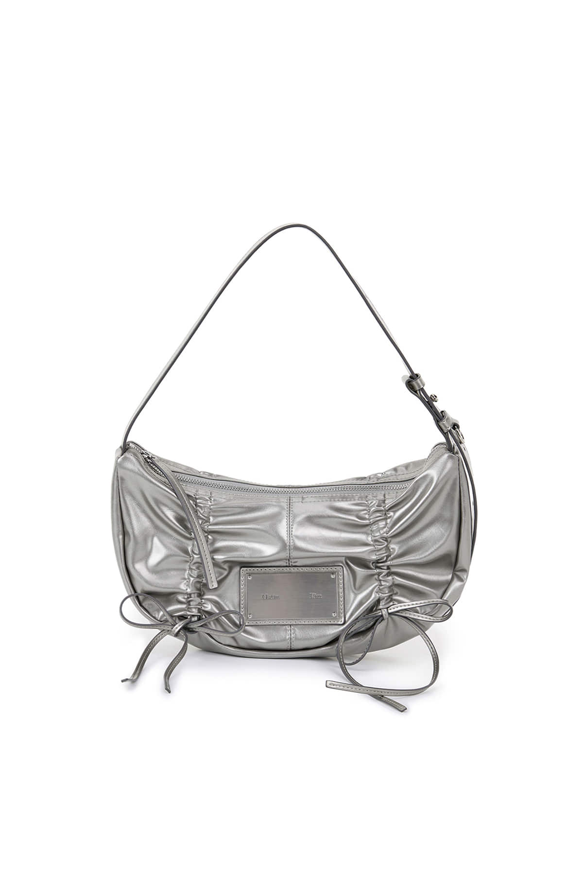 [matinkim] HALF SHIRRING RIBBON ROUND BAG IN DARK SILVER