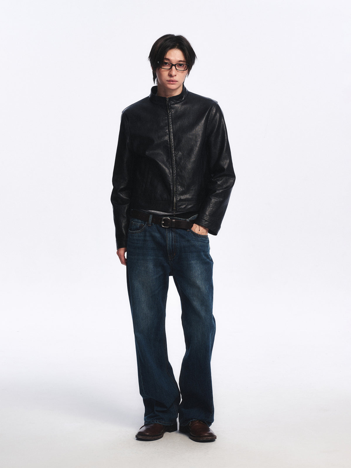 Low Classic Side-Tab Artificial Leather Short Jacket Black