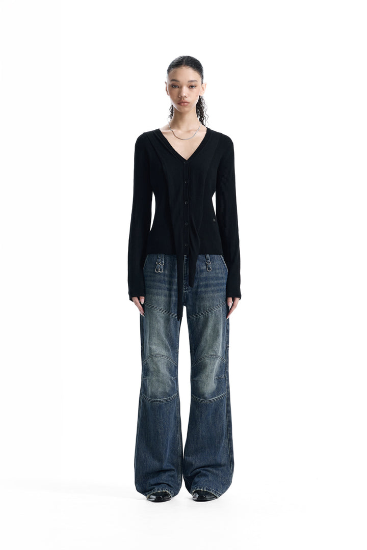 Treemingbird V-Neck Scarf Knit Cardigan Black