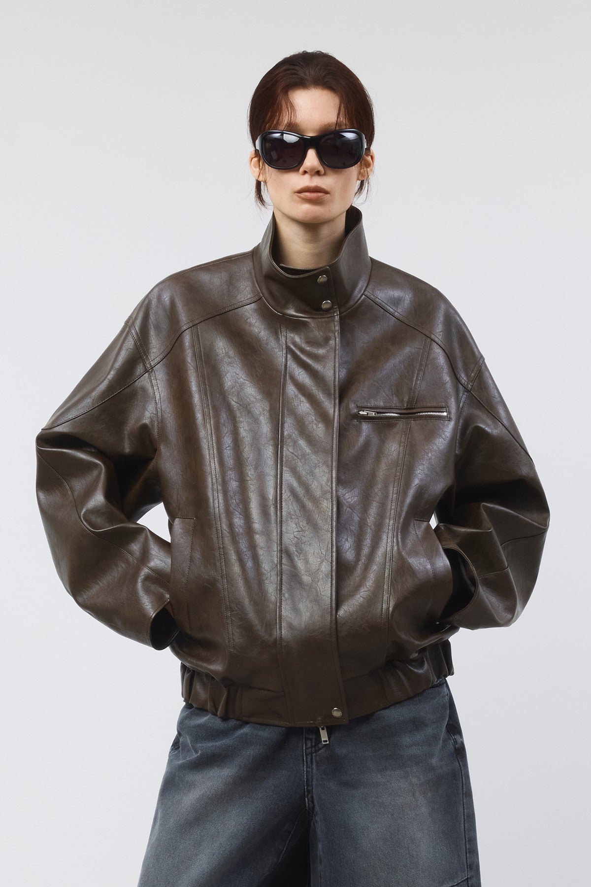 Matinkim Oversize Leather Biker Jumper IN Brown