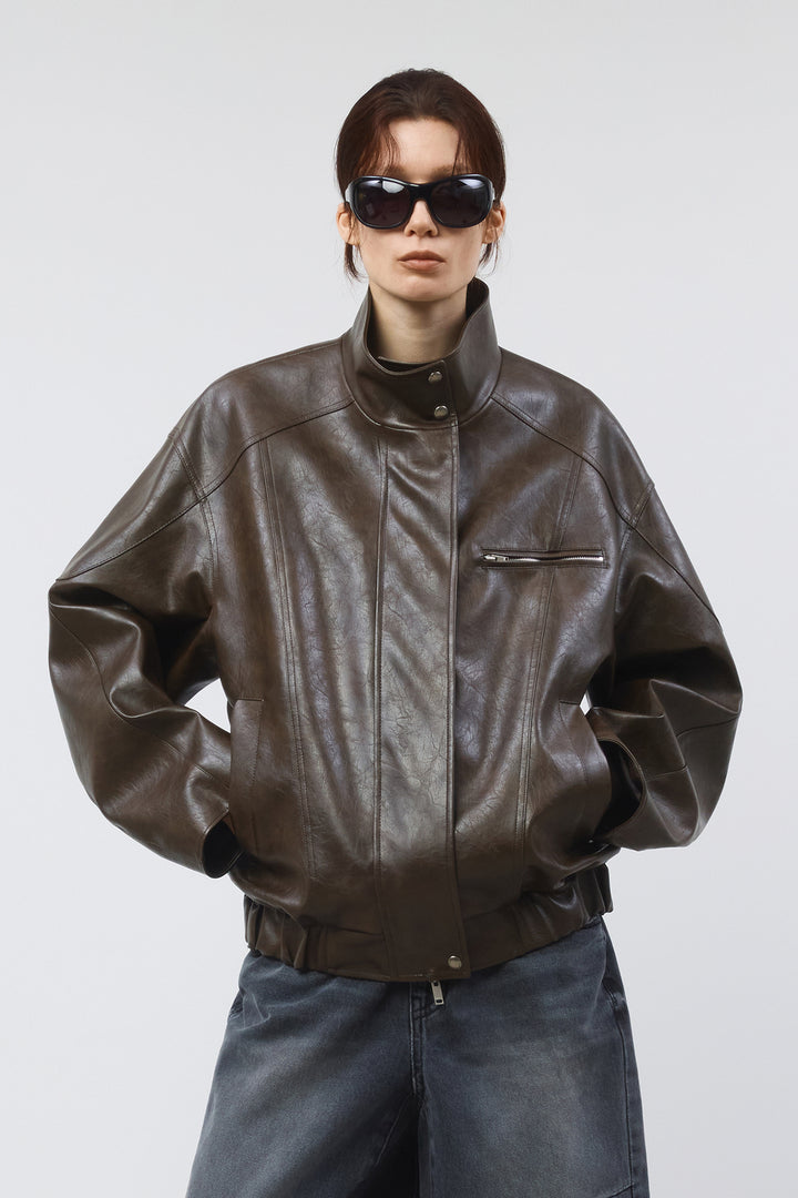 Matinkim Oversize Leather Biker Jumper IN Brown
