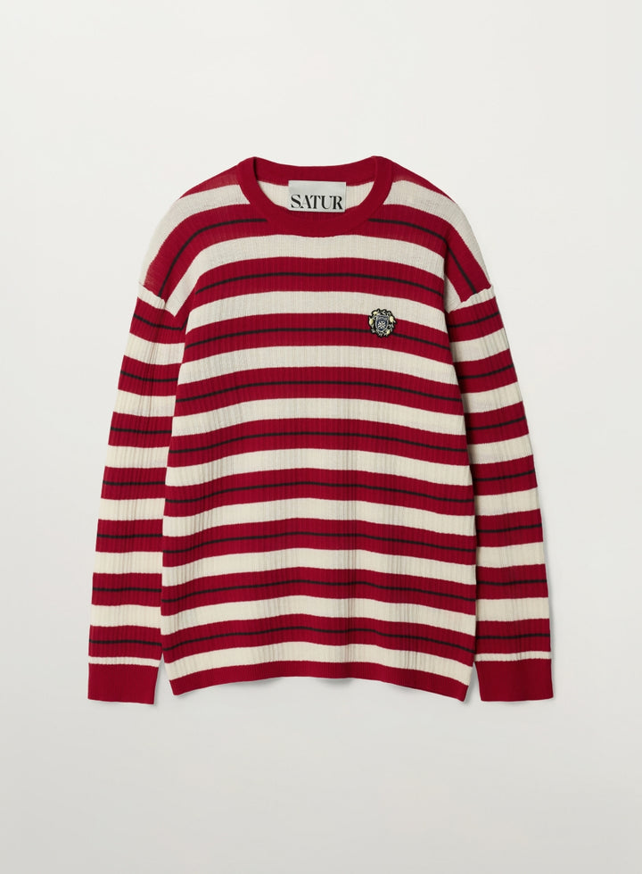 Satur Crest Logo Stripe Knit - Red