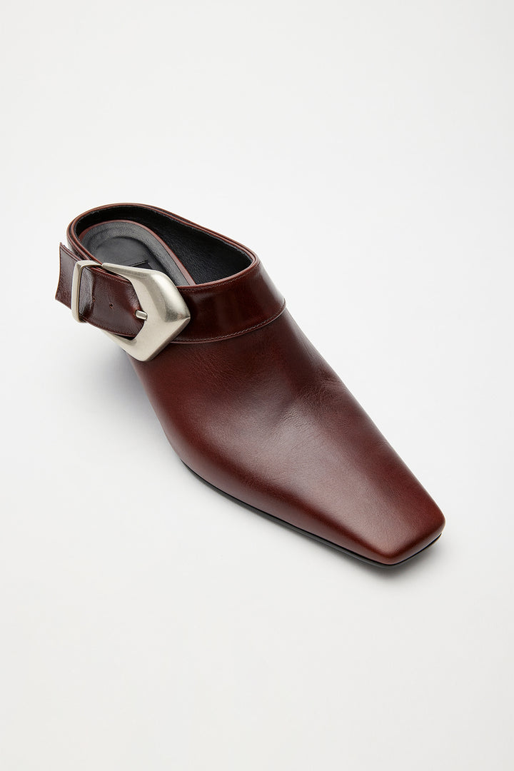 Matinkim Bold Buckle Leather Mule IN Brown