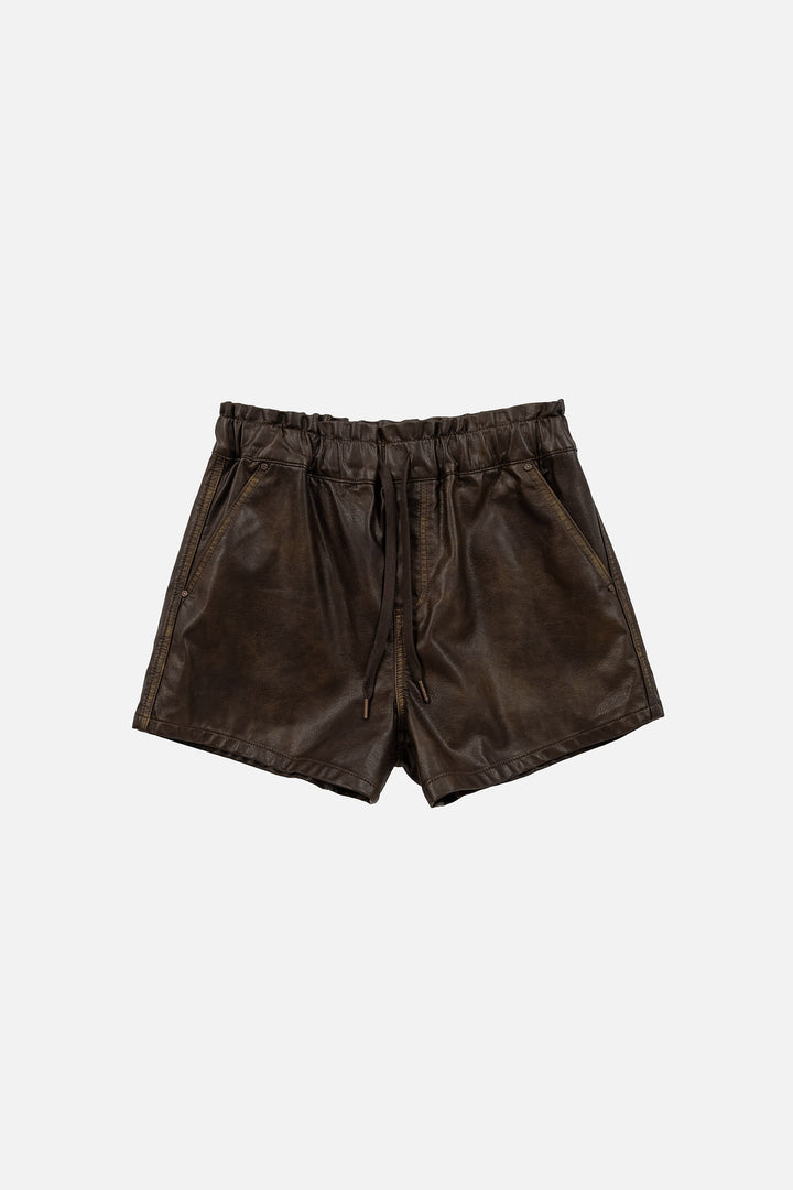 Instantfunk Washed Faux Leather Shorts - Brown