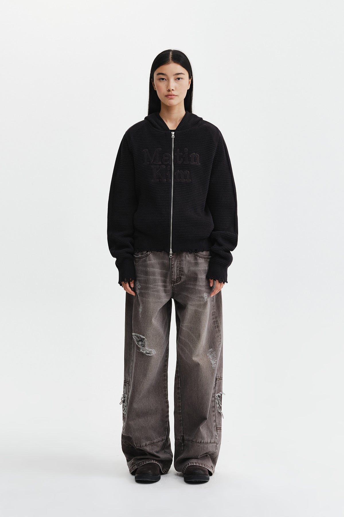 Matinkim Shadow Distressed Wide Denim Pants IN Brown