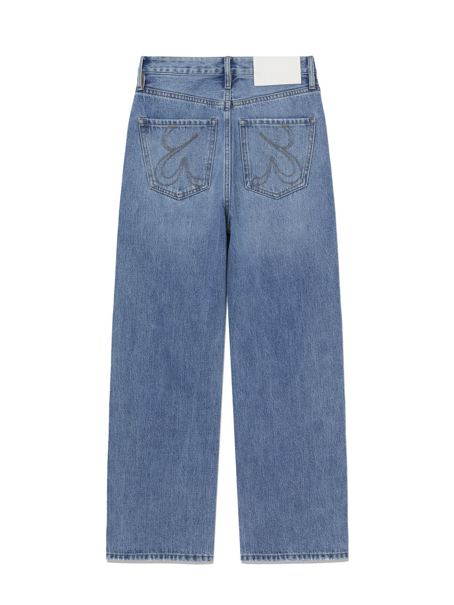 GLOWNY 90s High Rise Wide Leg Jeans (Short) (Mid Blue)