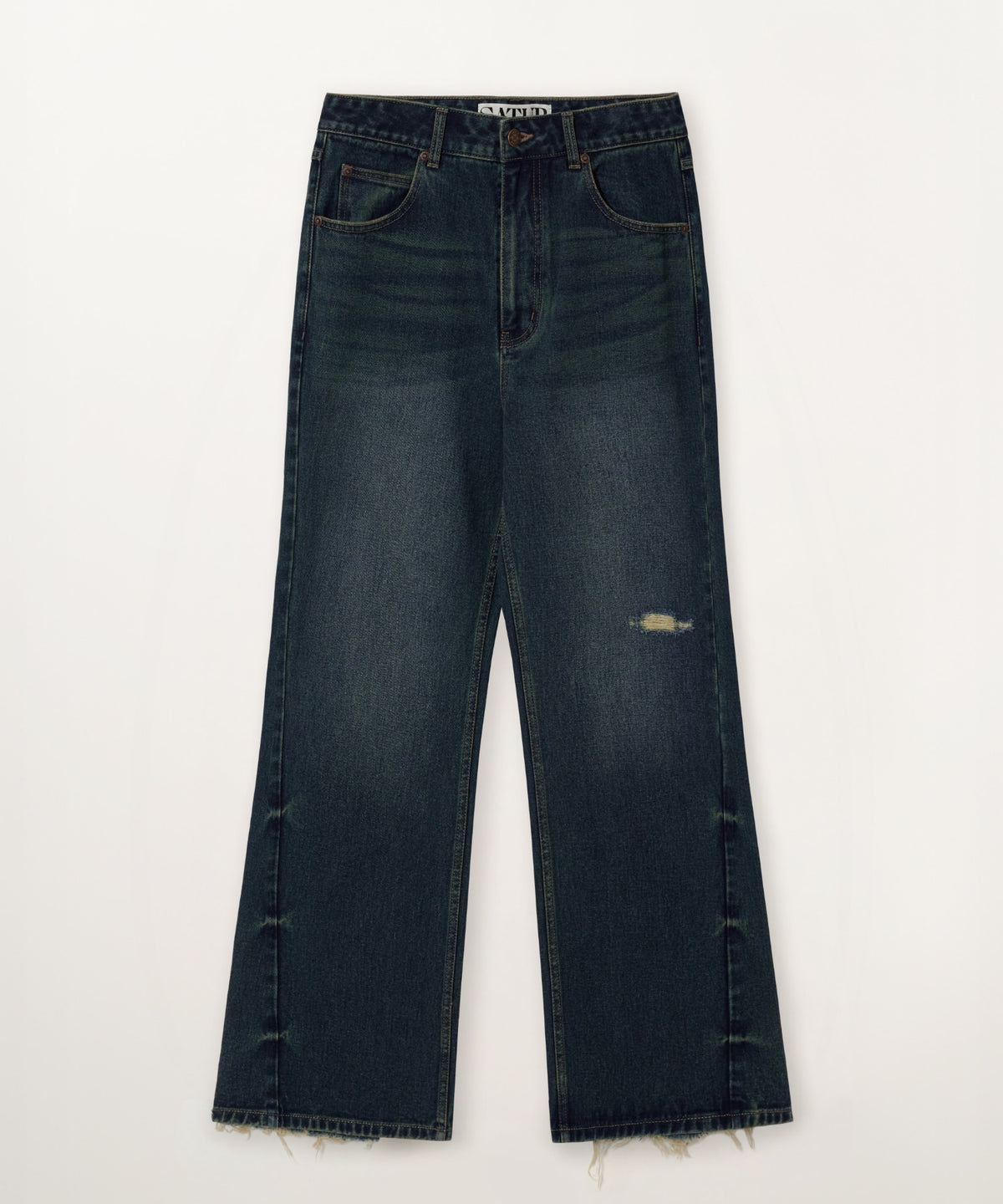 Satur Damage Washed Flare Fit Denim Pants - Deep Blue