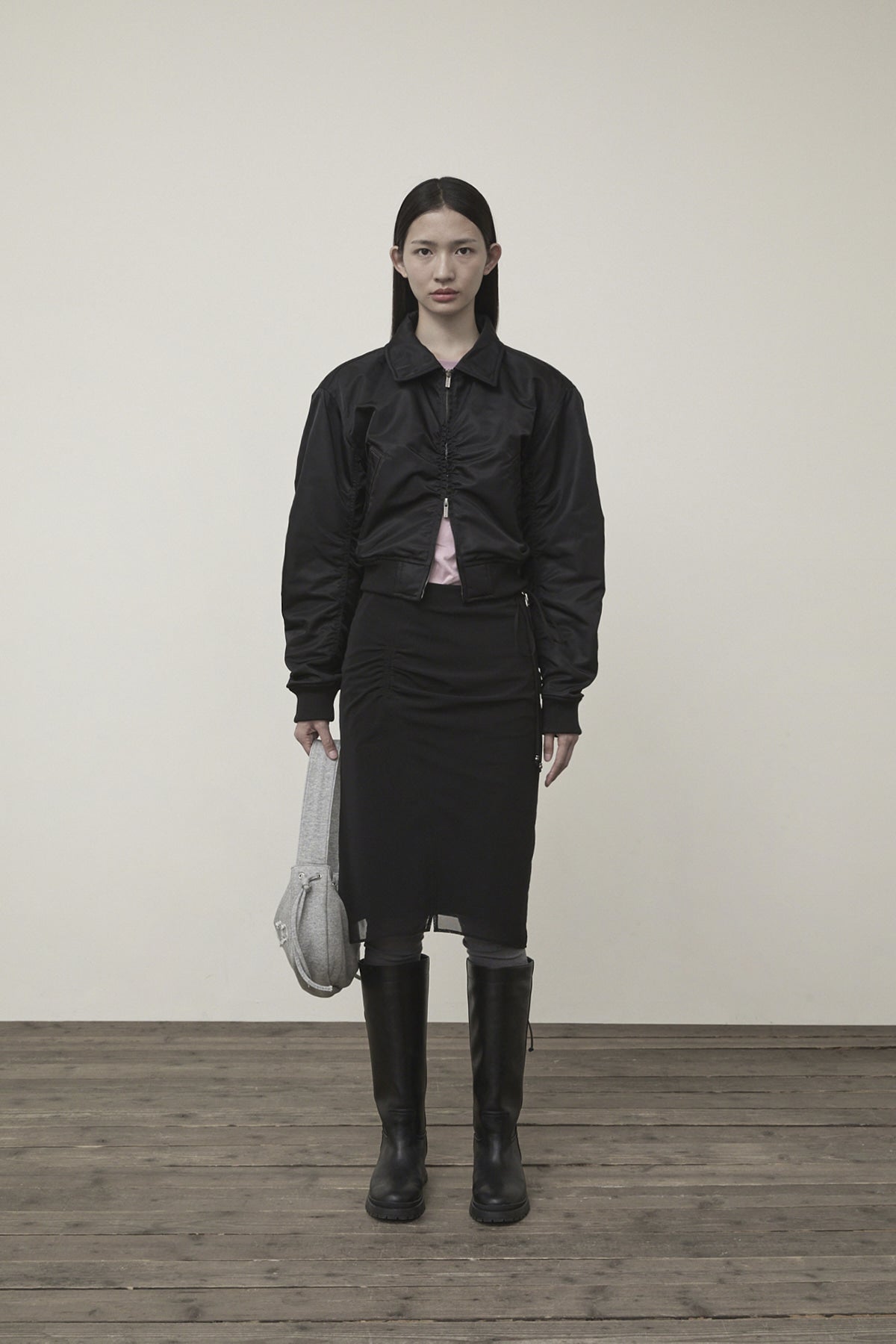 [matinkim] APPLIQUE LOGO SHIRRING BOMBER JUMPER FOR WOMEN IN BLACK