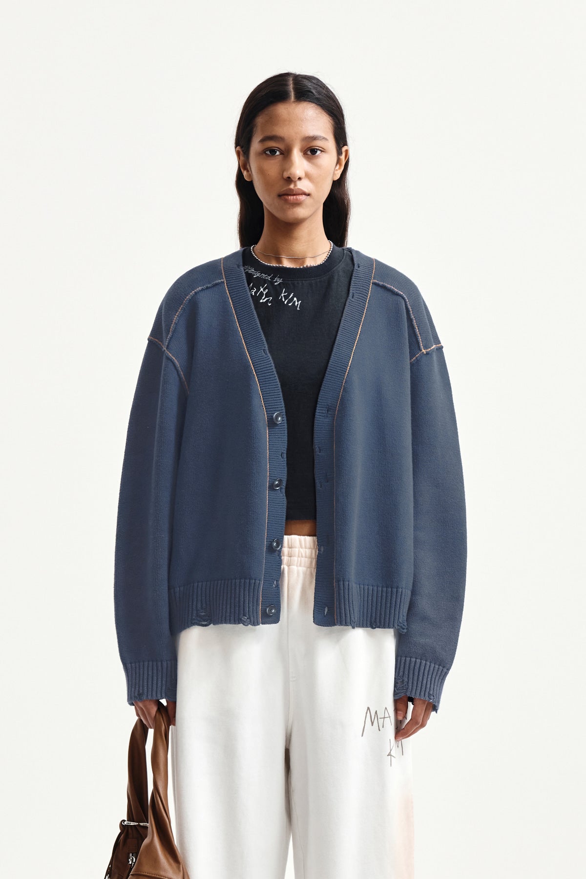 [matinkim] Back Logo Line Point Knit Cardigan IN Smoke Blue