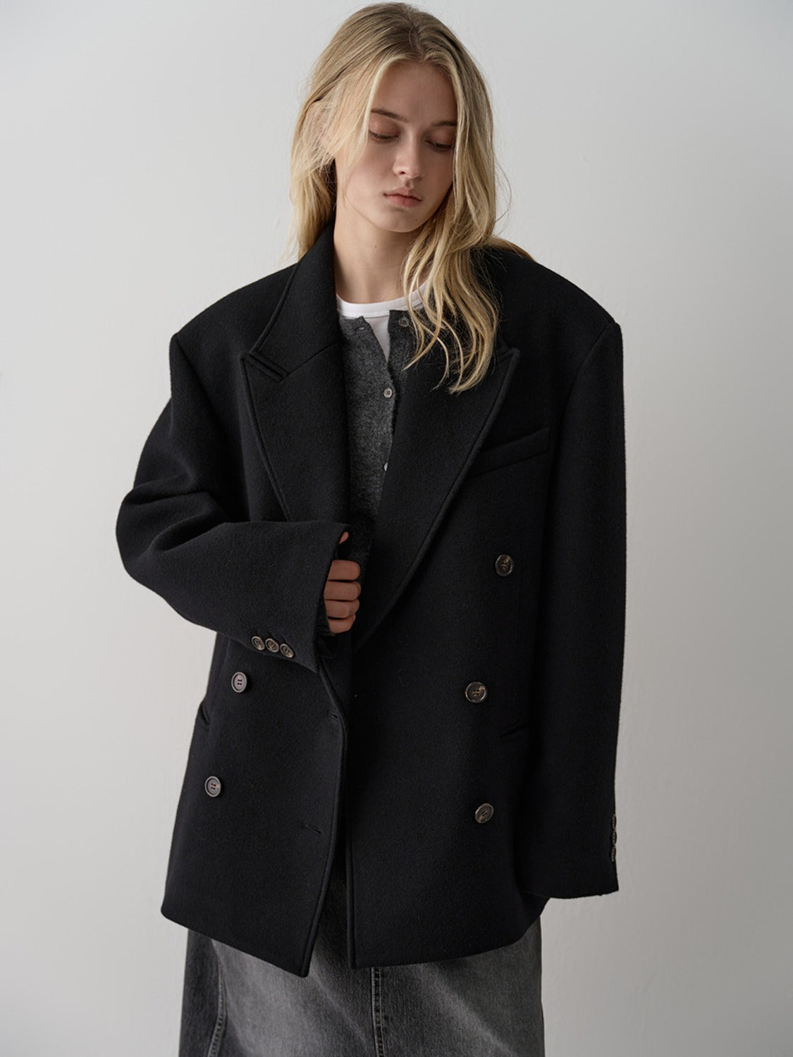 Facade Pattern Cashmere Double Half Coat black