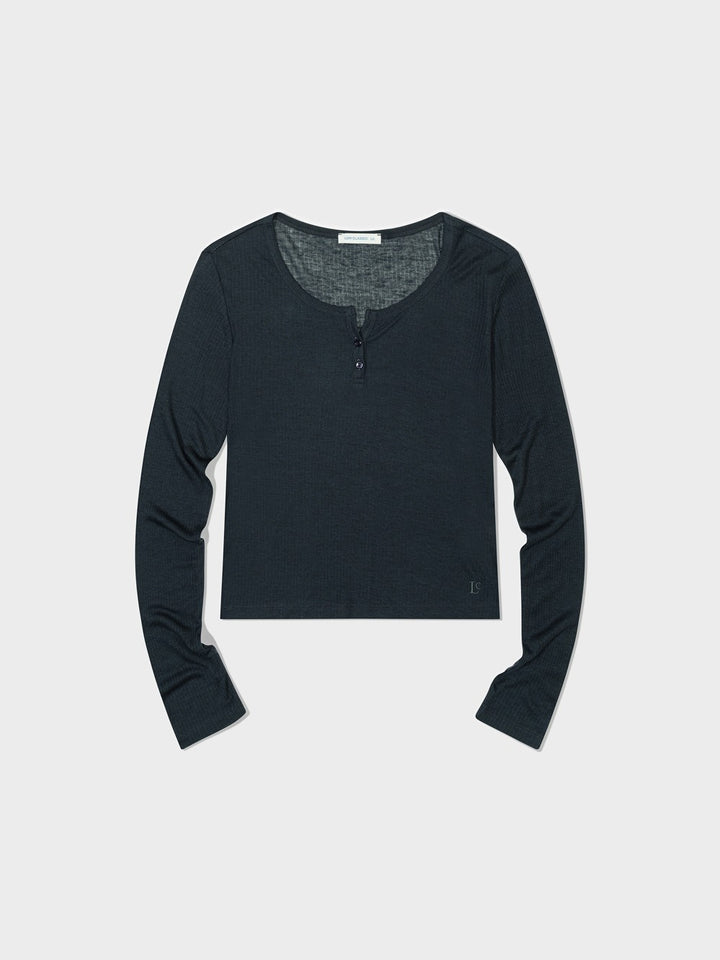 Low Classic See-Through Henry Neck Long Sleeve T-Shirt Charcoal Navy