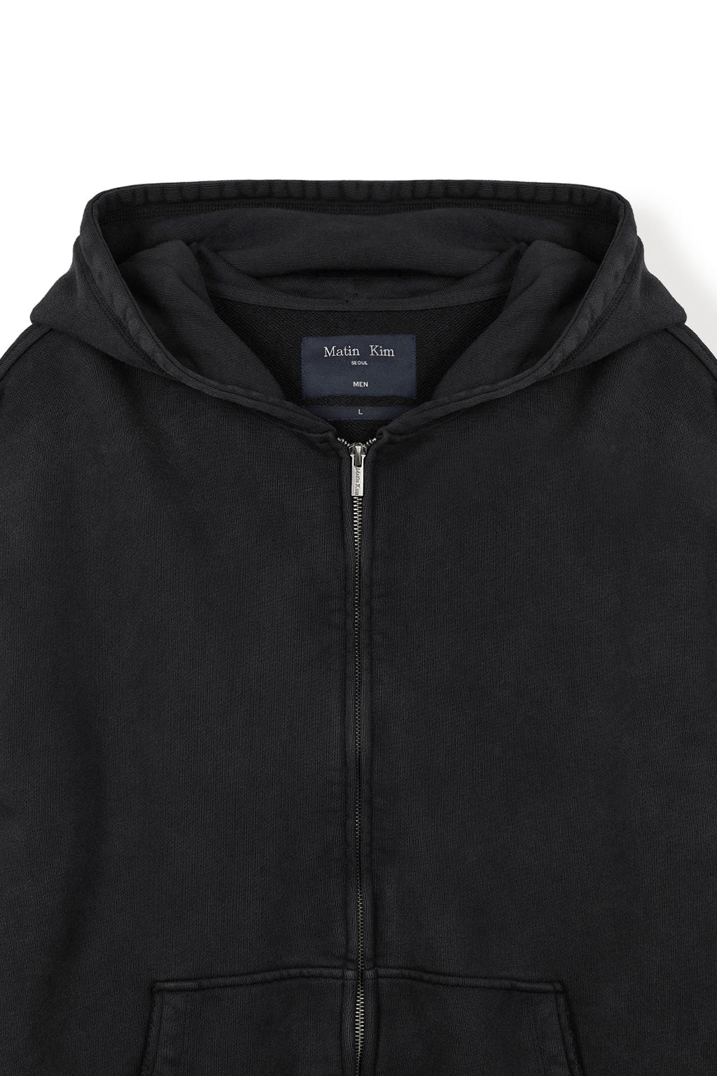 [matinkim] BACK LOGO WASHED HOODY ZIP UP FOR MEN IN CHARCOAL