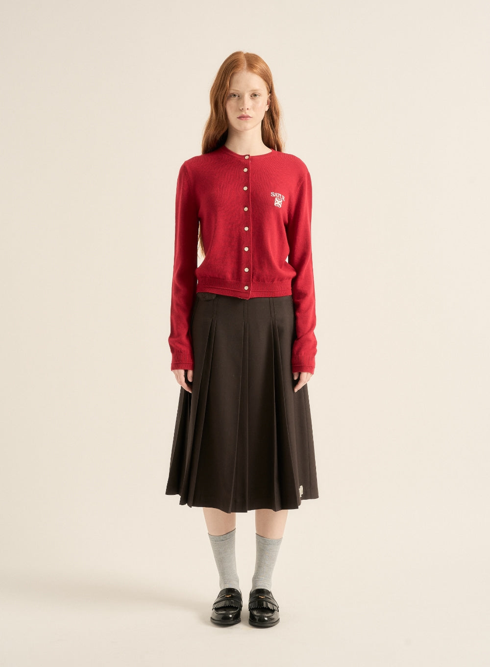 [satur] (W) Loren Basic Crew Neck Fine Cardigan - Red