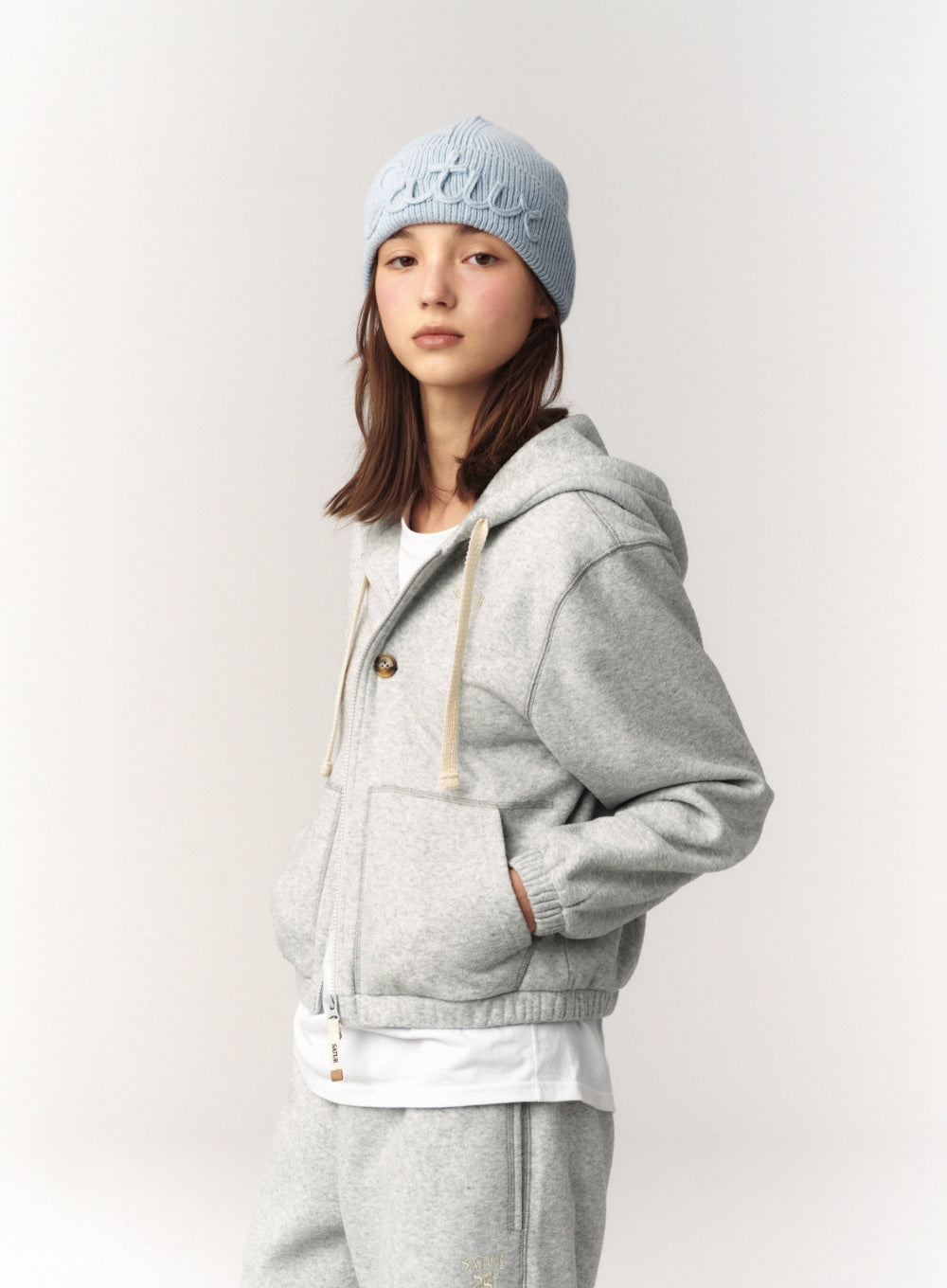Satur (W) Teo Brushed Fleece Hood Zip-up - Melange Gray