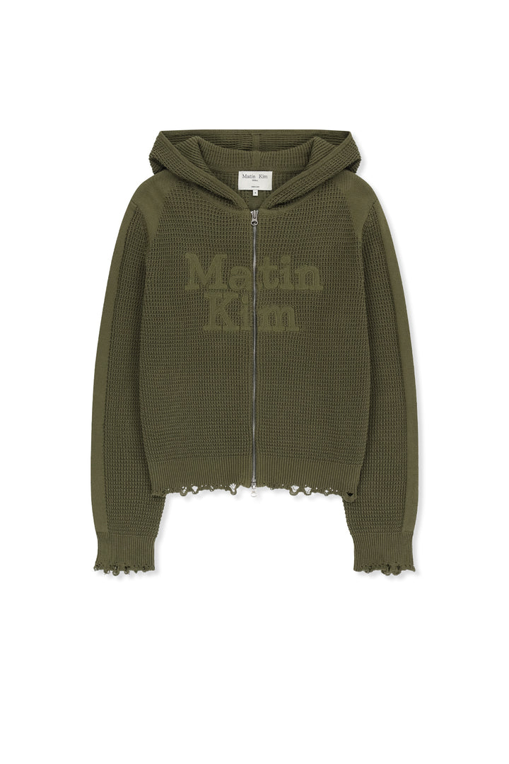 Matinkim Waffle Texture Hoody Knit Zip UP IN Khaki