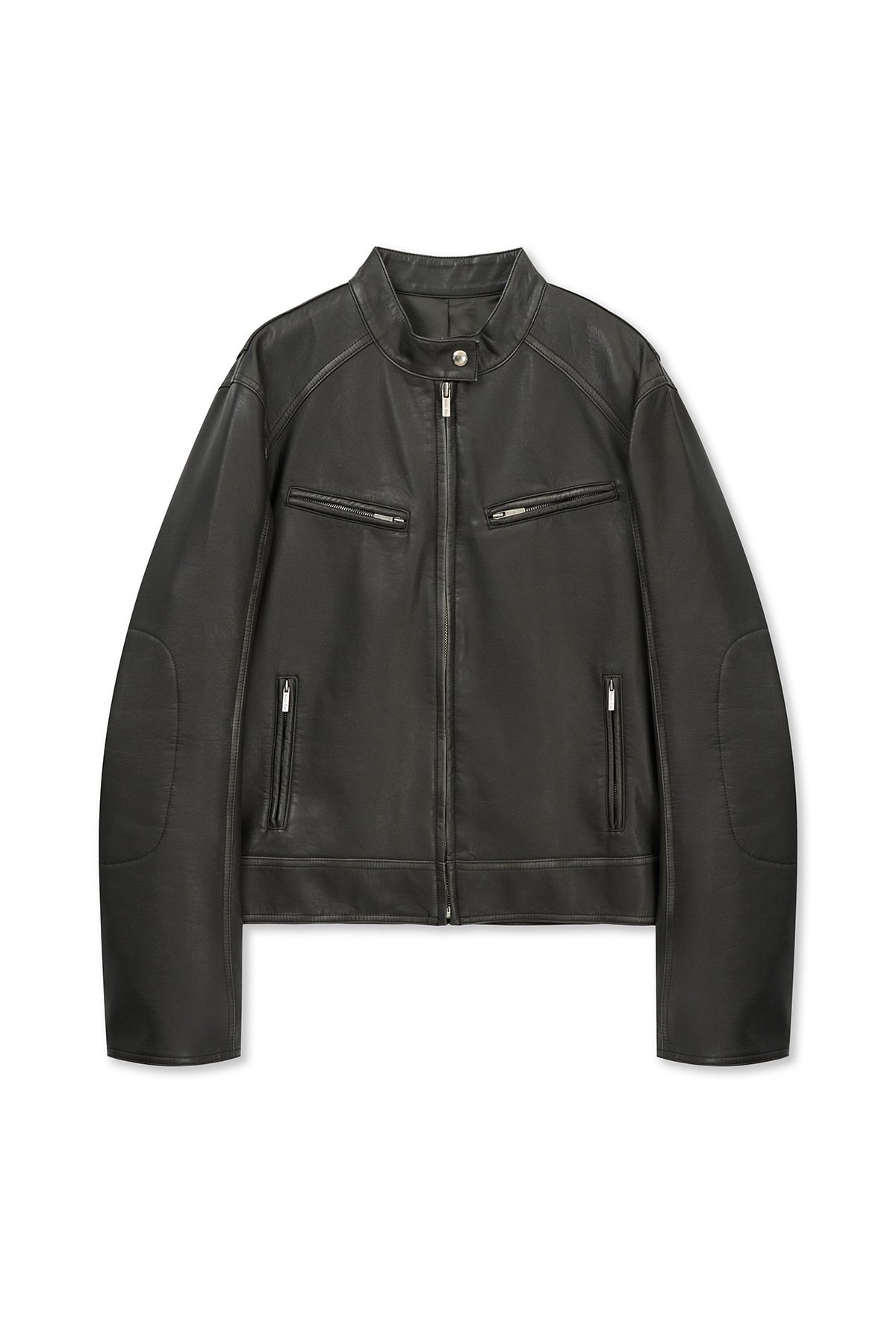 [matinkim] WASHED FAUX LEATHER RACER JUMPER IN CHARCOAL