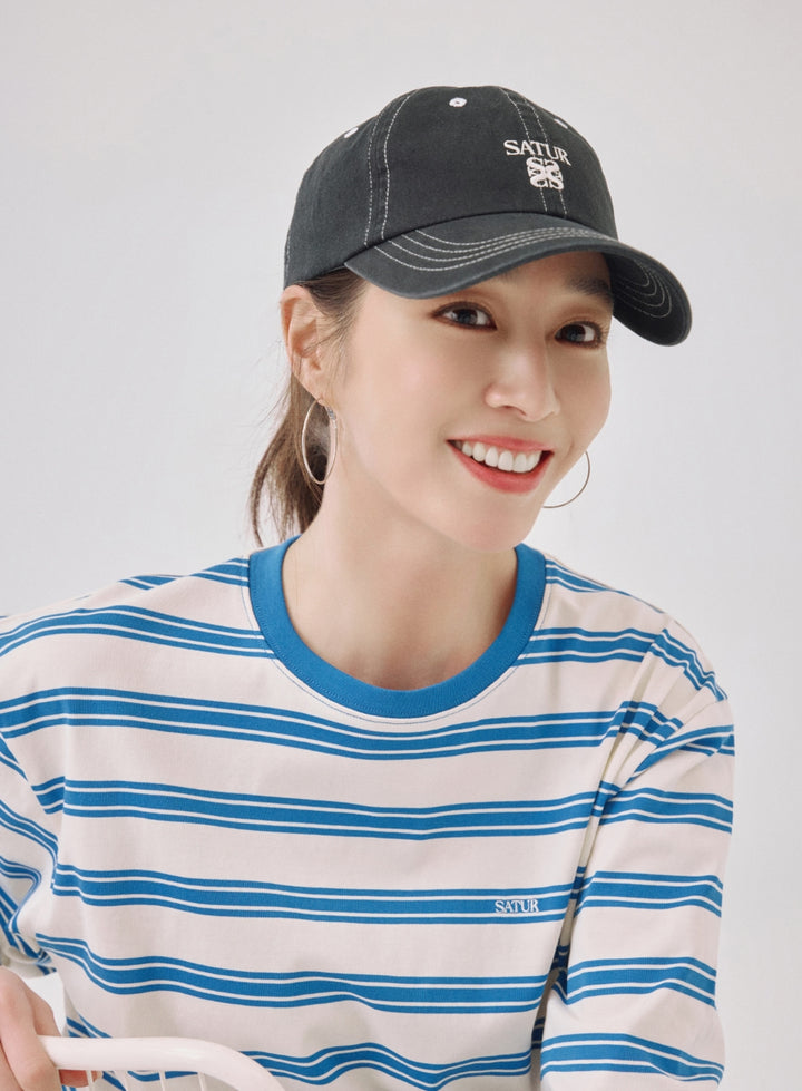 Satur Contrast Color Stitch Dyed Ball Cap - Black
