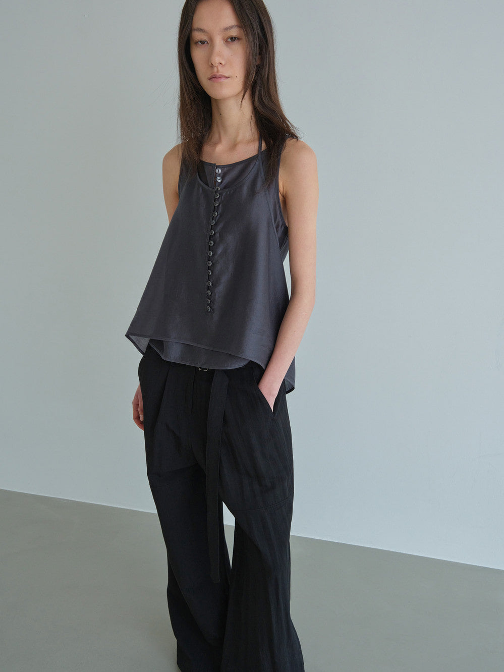 Low Classic See-Through Button Loop Top Charcoal