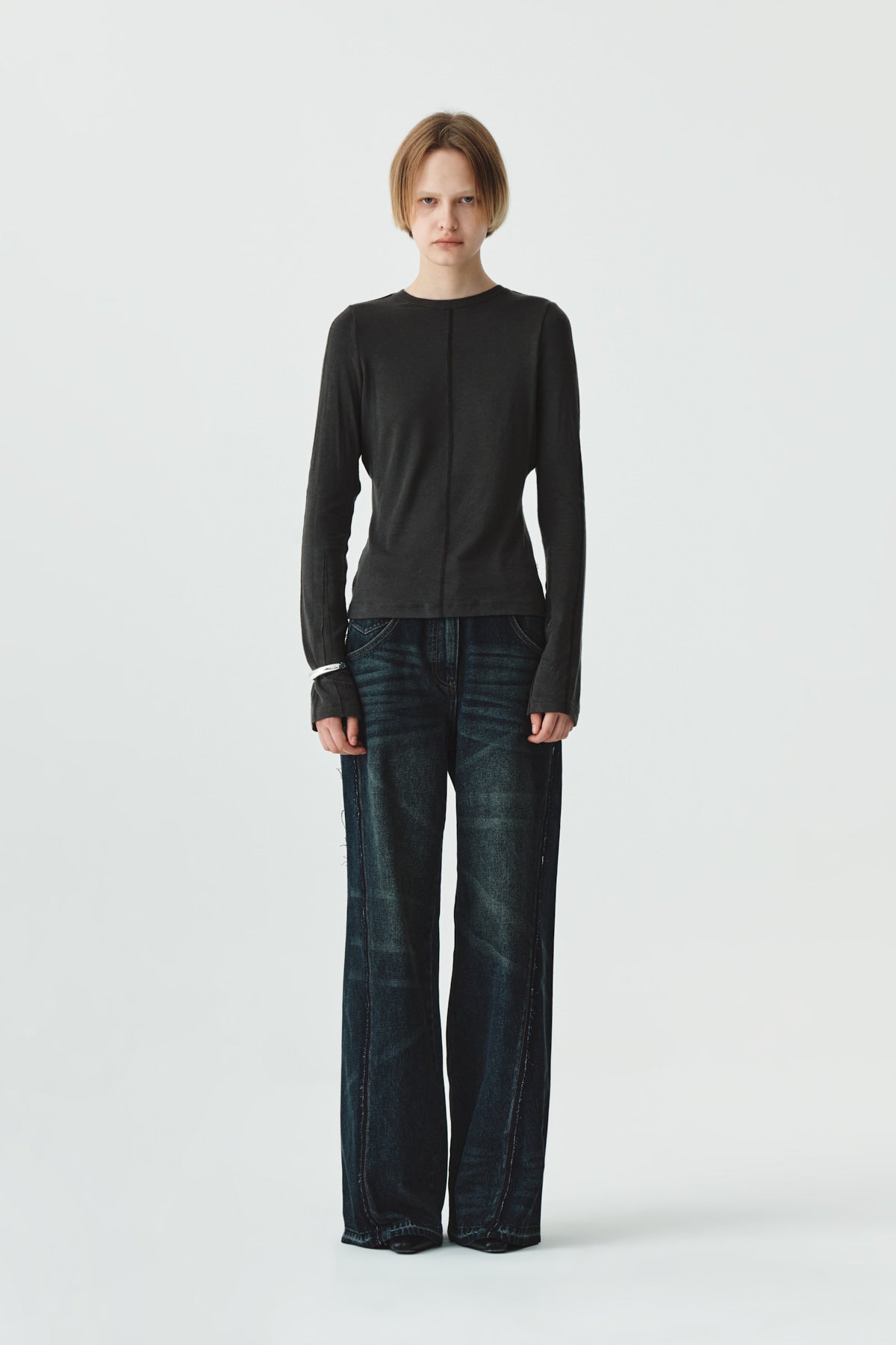 Matinkim Washed Cut Out Wide Denim Pants IN Navy