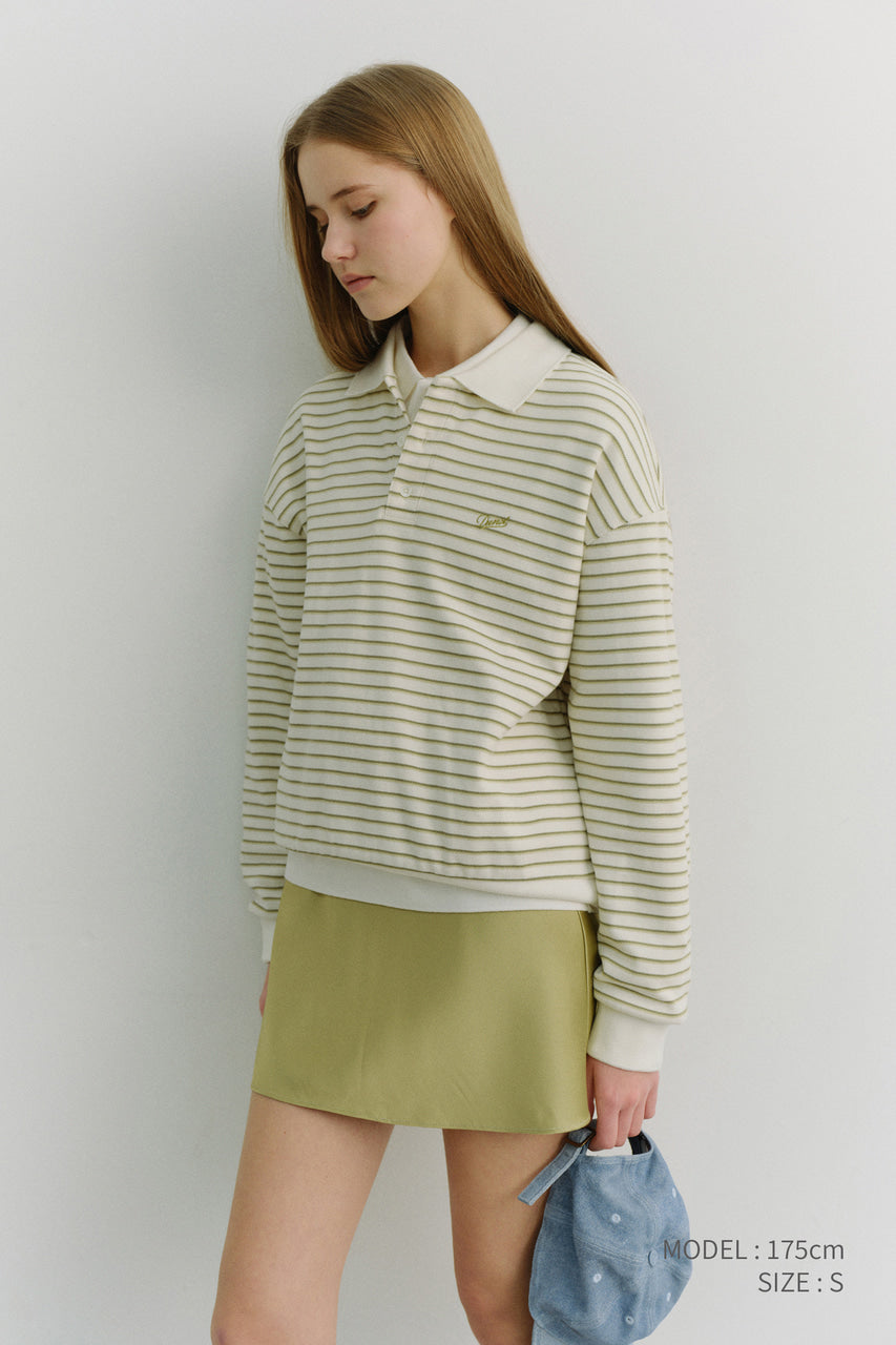 Dunst Unisex Striped Logo Collared T-Shirt Olive Stripe