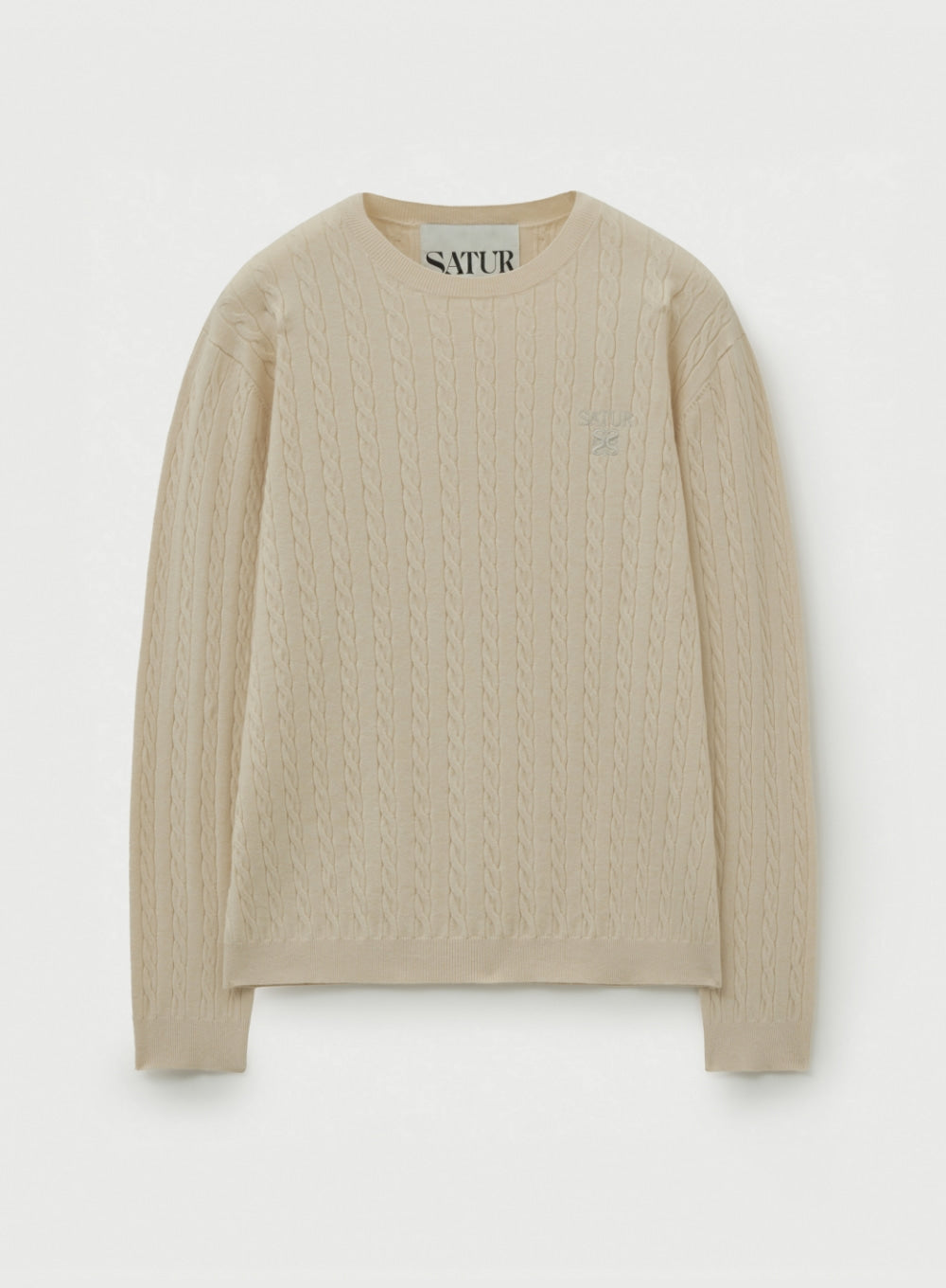 [satur] Plain Cable Crew Neck Knit - Cream