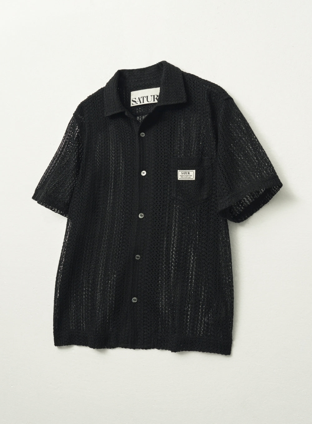[satur] Crochet Open Collar Half Shirt - Black