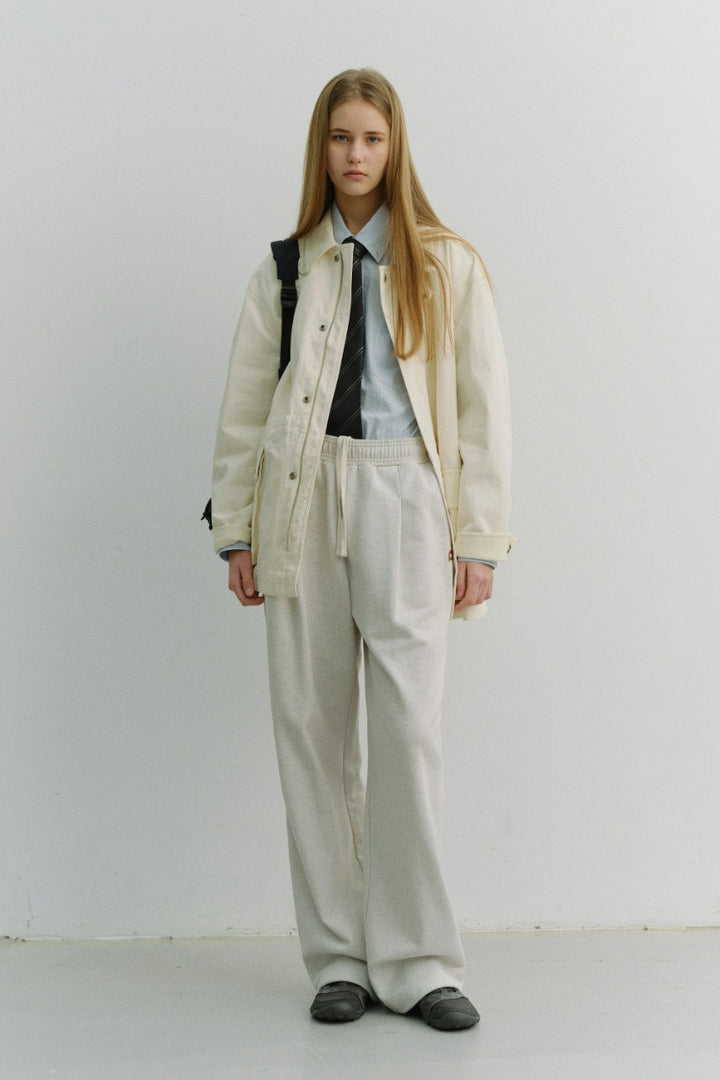 Dunst Unisex Leather Logo Wide Sweat Pants Oatmeal Melange
