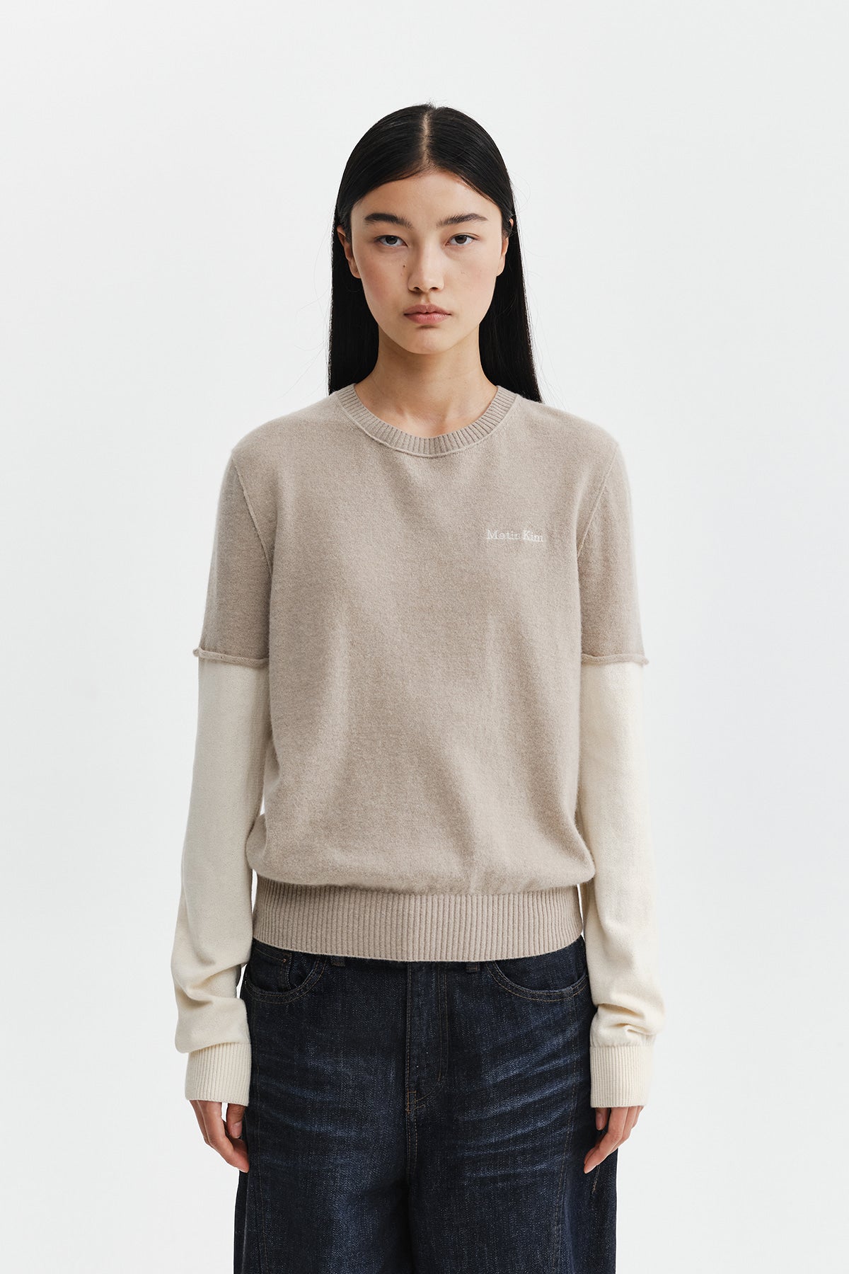 Matinkim Cashmere Blended Two Tone Knit Pullover IN Beige
