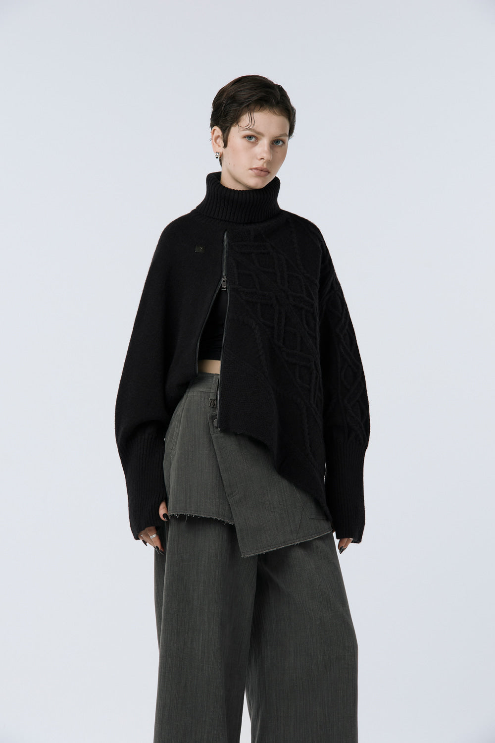 Treemingbird Argyle Cable Zip-up Pullover Black