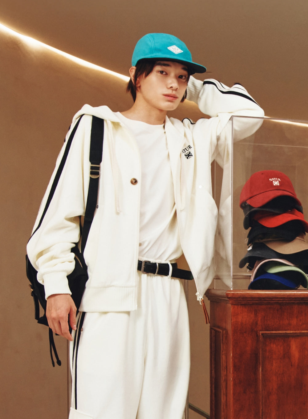 [satur] Lawton Loose Fit Hood Zip-up - Cream Black