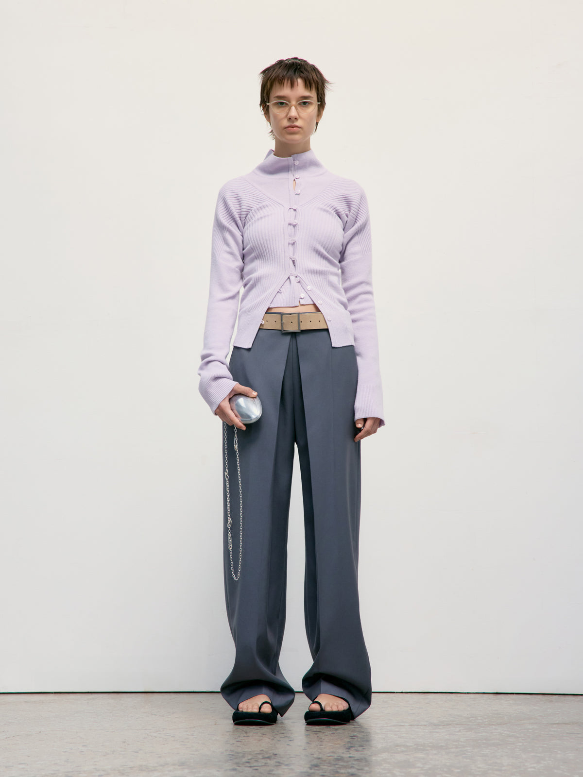 Low Classic High Neck Knit Cardigan Lavender