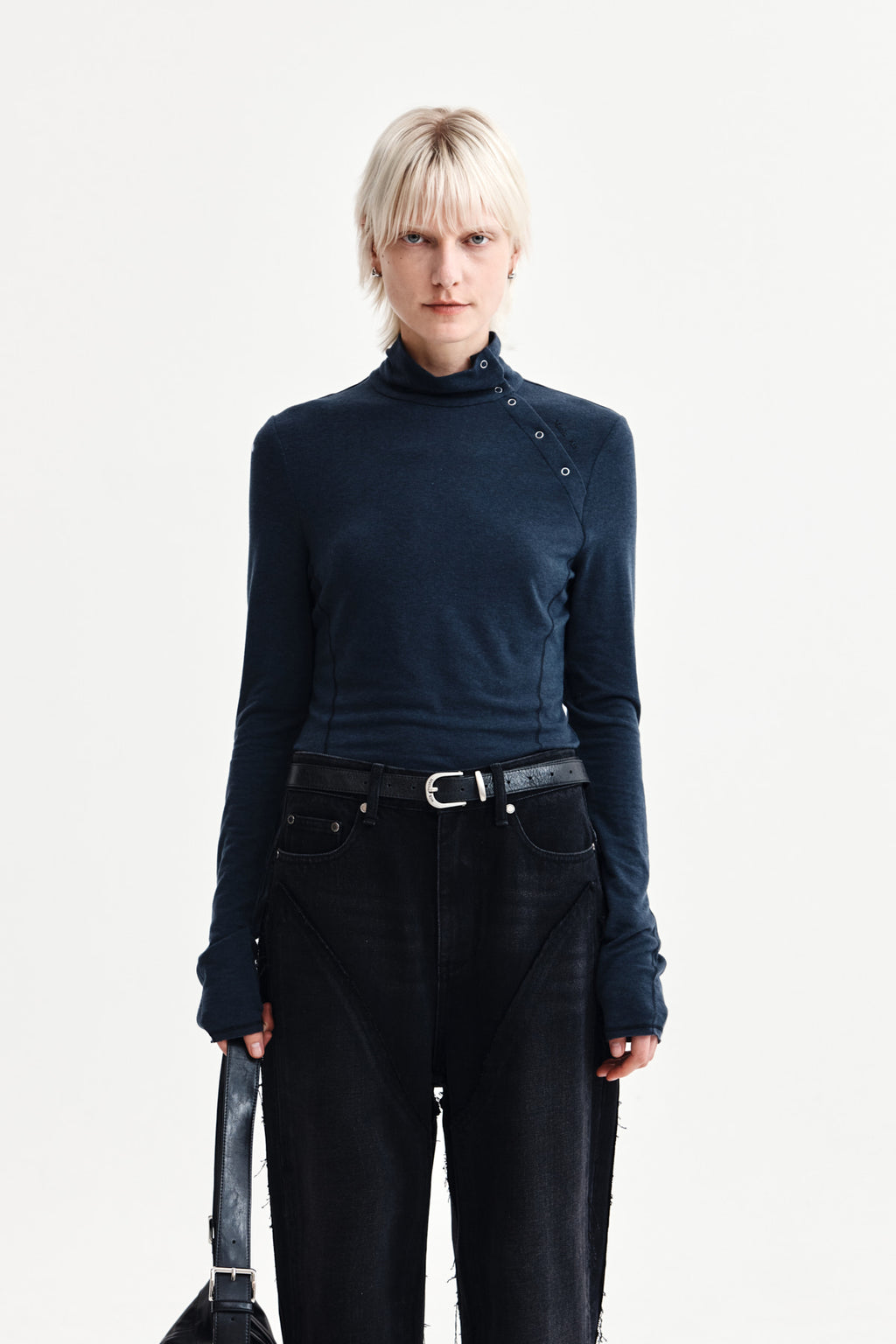 Matinkim Button Slit Half Neck Top IN Navy