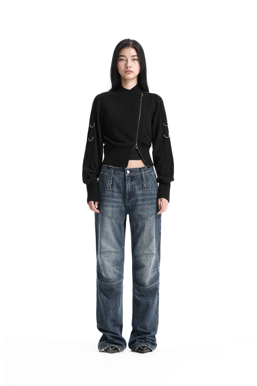 Treemingbird Sleeve D-ring Diagonal Zip Cardigan Black
