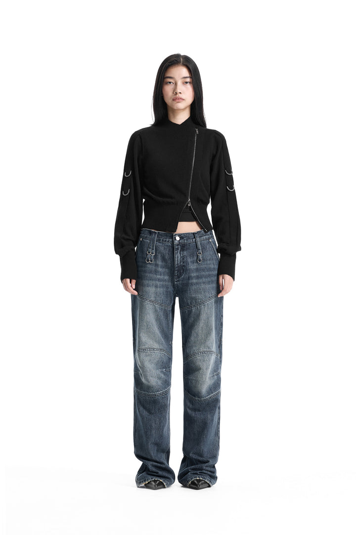 Treemingbird Sleeve D-ring Diagonal Zip Cardigan Black